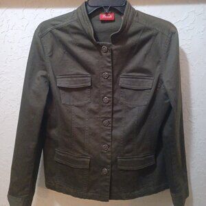 Valerie Stevens Womens M Cotton Stretch Utility Jacket Brown Floral Buttons